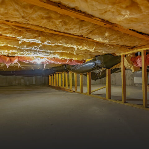 View of a basement with insulation highlighting crawl space encapsulation in Louisville, KY